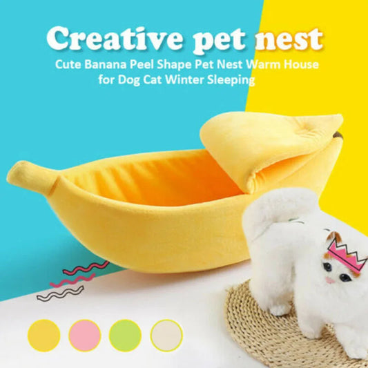 Small dog in funny banana-shaped pet house