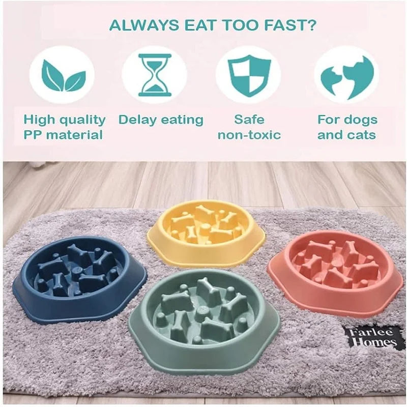Blue anti-gulping dog bowl with food inside