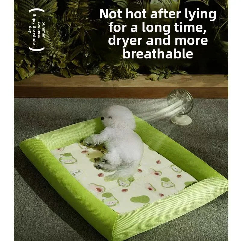 Puppy lying on a breathable cooling summer bed