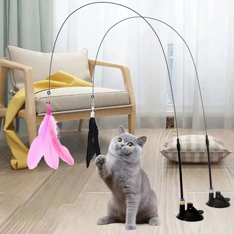 Interactive Cat Feather Toy with Suction Cup – 360° Bouncing Wand Toy with 2 Detachable Feathers for Wall, Floor, or Glass Mounting
