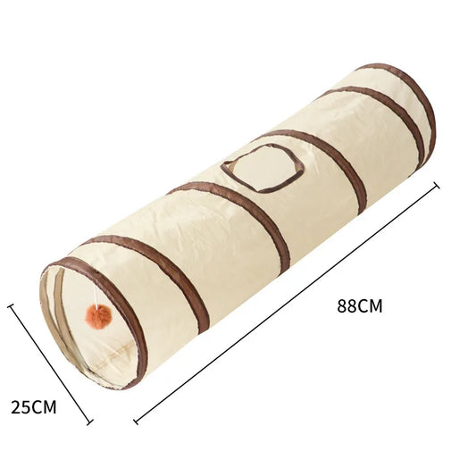 Durable beige cat tunnel with stripes – indoor play toy for cats