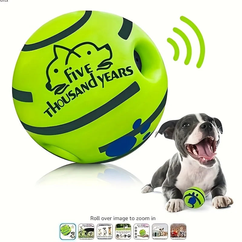 Dog playing with green giggle wobble ball – interactive toy with funny sounds