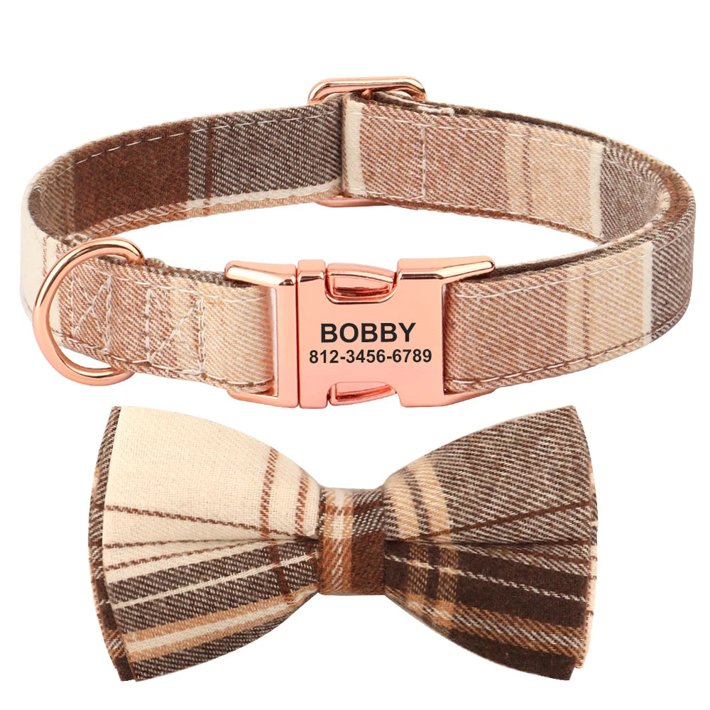 Adjustable nylon plaid pet collar with cute bow for small, medium, large dogs