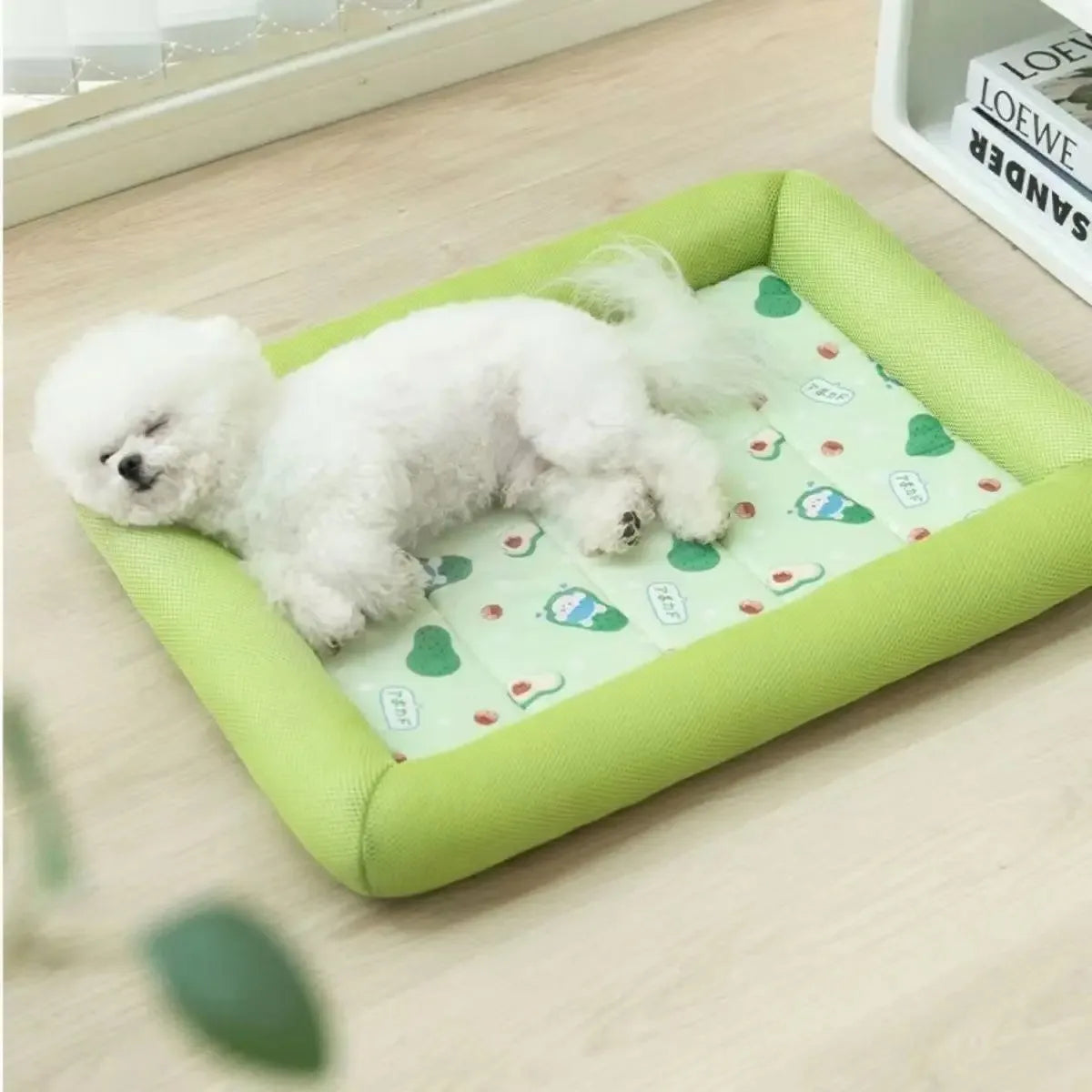 Green cooling summer dog bed with breathable cushion design