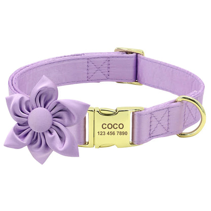Personalized Dog Collar with Bowknot & Flower – Engraved Name Tag, Adjustable for Small, Medium & Large Dogs