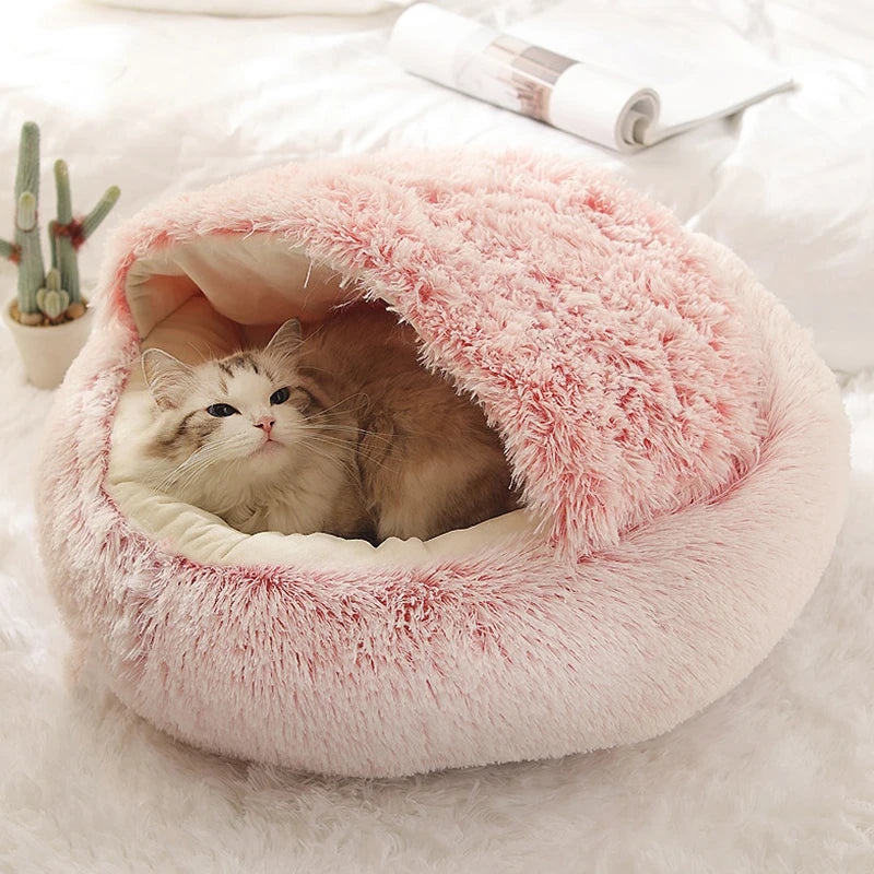 Covered plush cat bed with soft fabric
