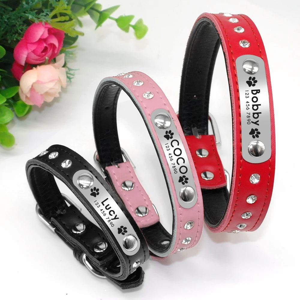 Purple rhinestone pet collar for cats and puppies with custom engraving