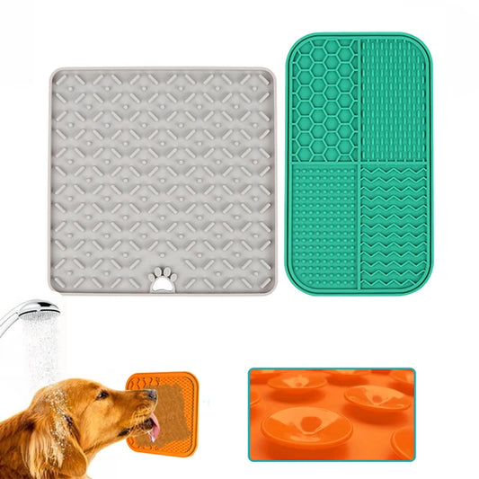 Dog licking orange silicone pet lick mat for slow feeding