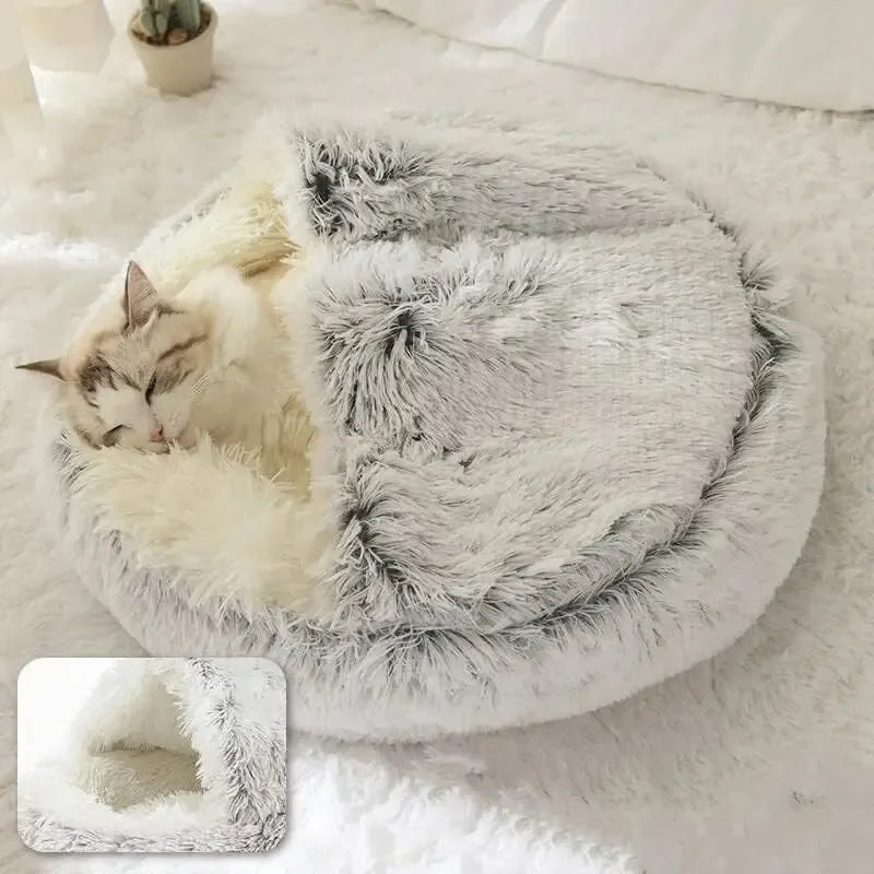 Pink hooded plush bed for cats and puppies
