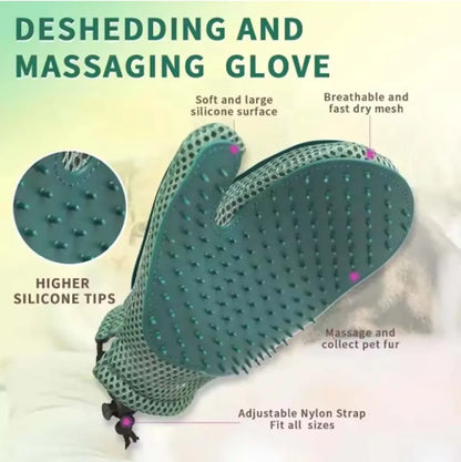 Pet grooming glove with adjustable strap