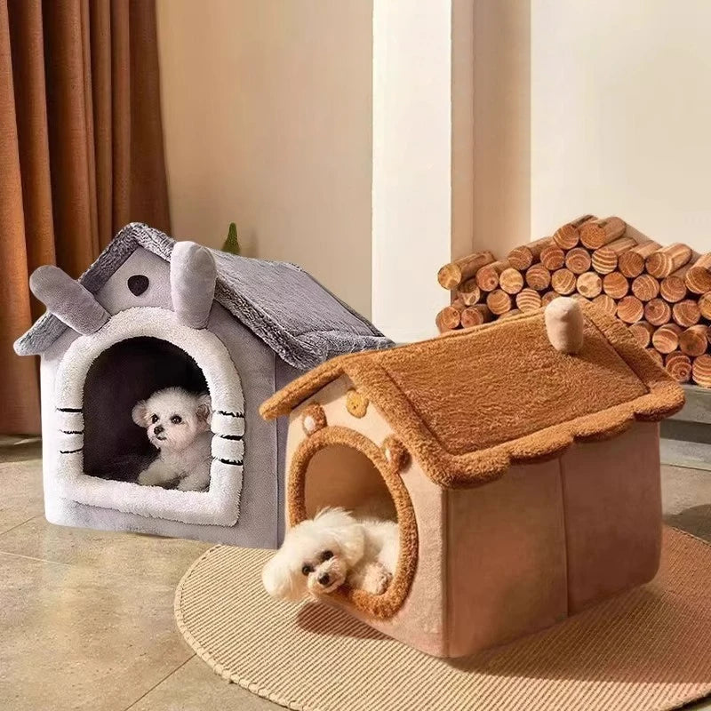 Brown foldable pet house with removable cushion for cats and dogs