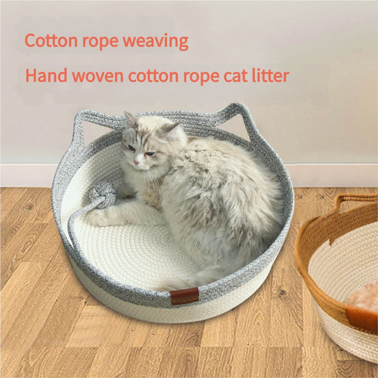 Woven cotton cat bed with cat-ear shaped design in dark khaki