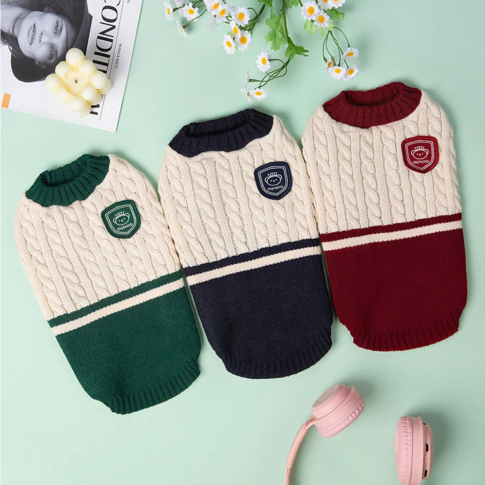 Dog sweaters in green, red, and navy blue – knitted college style winter pet clothing.