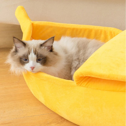Cozy plush banana-shaped dog and cat bed in multiple colors