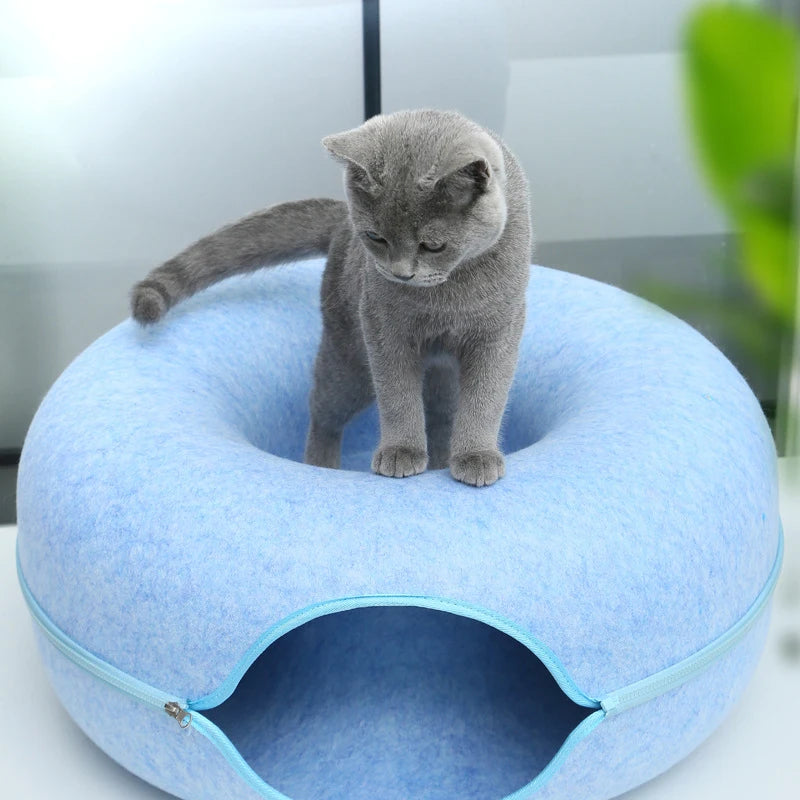 Blue felt donut cat house and bed for kittens