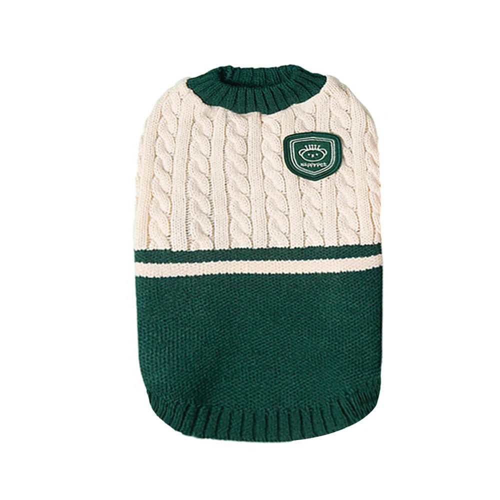 Red knitted dog sweater – stylish college style pullover for dogs.