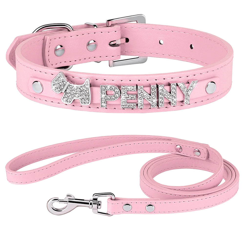 Personalized Dog Collar with Name & Leash – Custom Bling