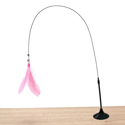 Interactive Cat Feather Toy with Suction Cup – 360° Bouncing Wand Toy with 2 Detachable Feathers for Wall, Floor, or Glass Mounting