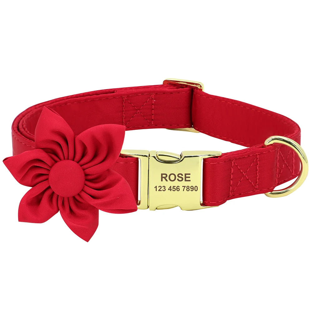 Personalized Dog Collar with Bowknot & Flower – Engraved Name Tag, Adjustable for Small, Medium & Large Dogs