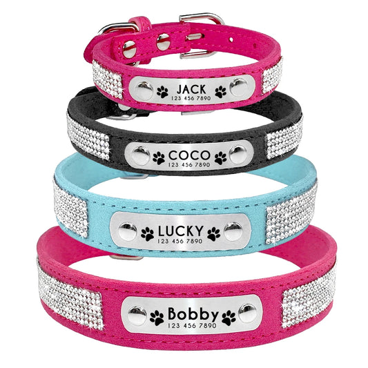 Personalized Cat & Dog Collar with Crystal Rhinestones – Adjustable Collar with Custom Engraved Anti-Lost ID Tag