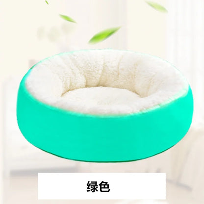 Green and pink round cat bed – soft washable plush design