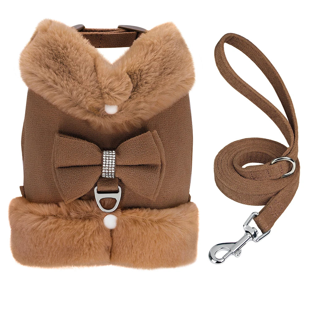 Warm Fur Dog Harness with Leash – Winter Padded Vest for Small Dogs & Cats