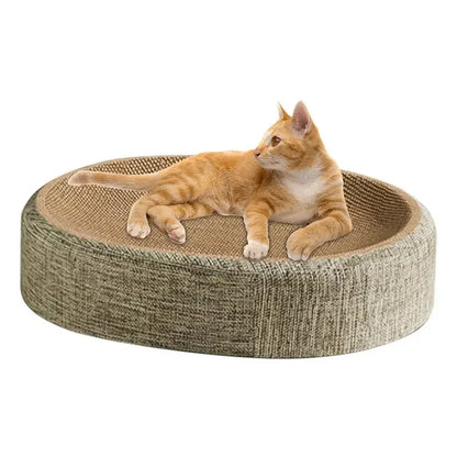Cat using oval sisal scratch pad as sleeping nest