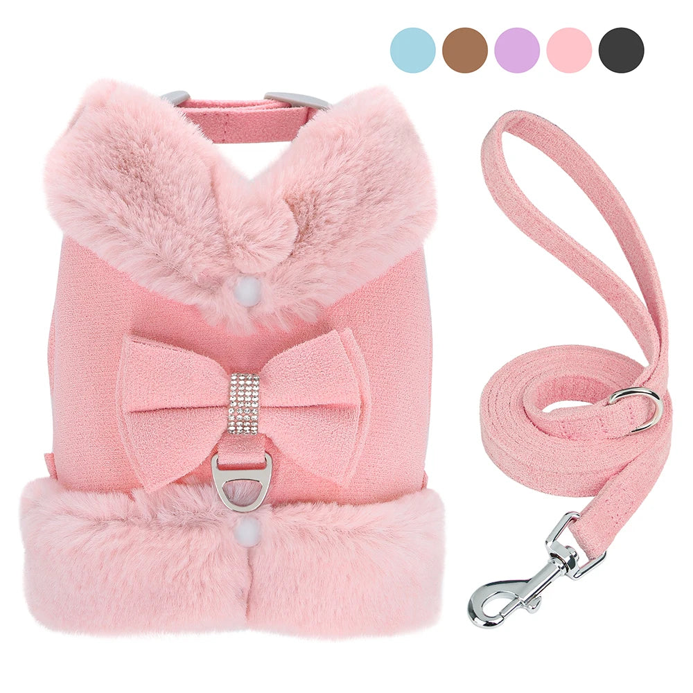 Pink fur dog harness with leash – winter padded vest for small pets