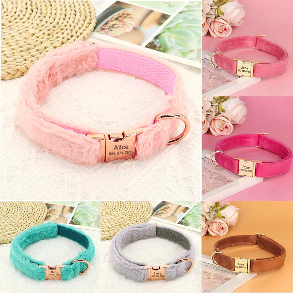 Pink velvet dog collar with engraved gold ID tag – personalized with name Linda
