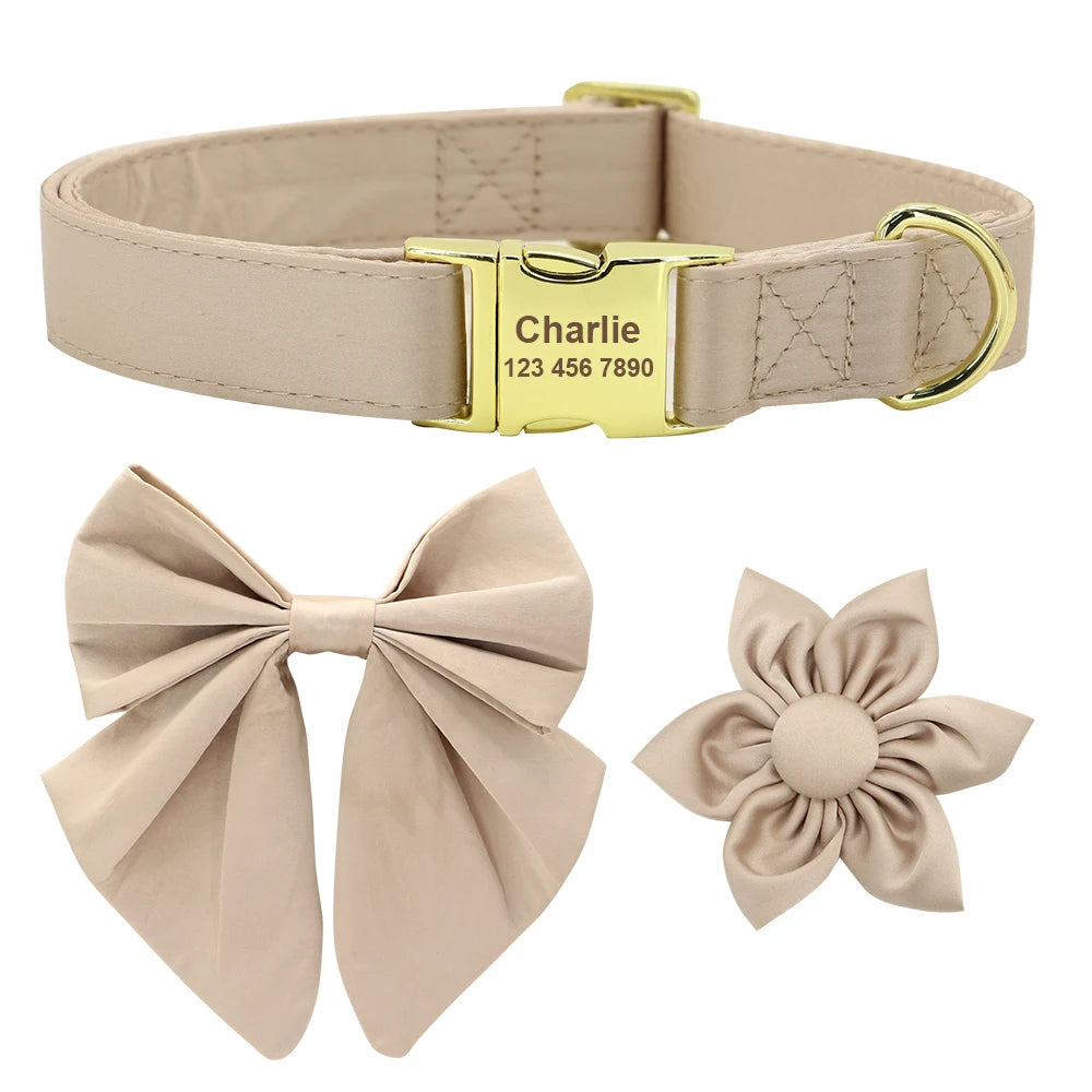 Personalized Dog Collar with Bowknot & Flower – Engraved Name Tag, Adjustable for Small, Medium & Large Dogs