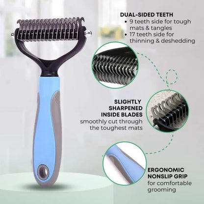 Pet owner using grooming comb on golden retriever