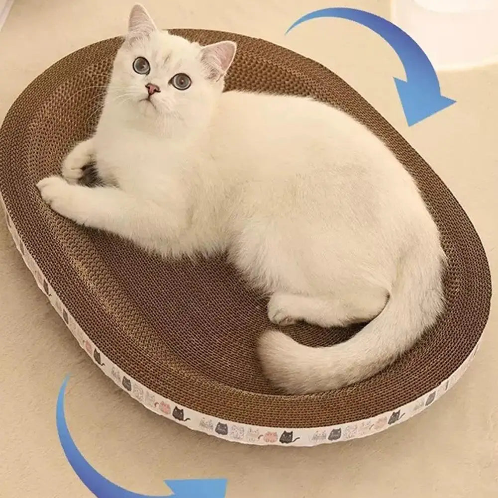 Durable cardboard cat scratcher pad used as sleeping bed
