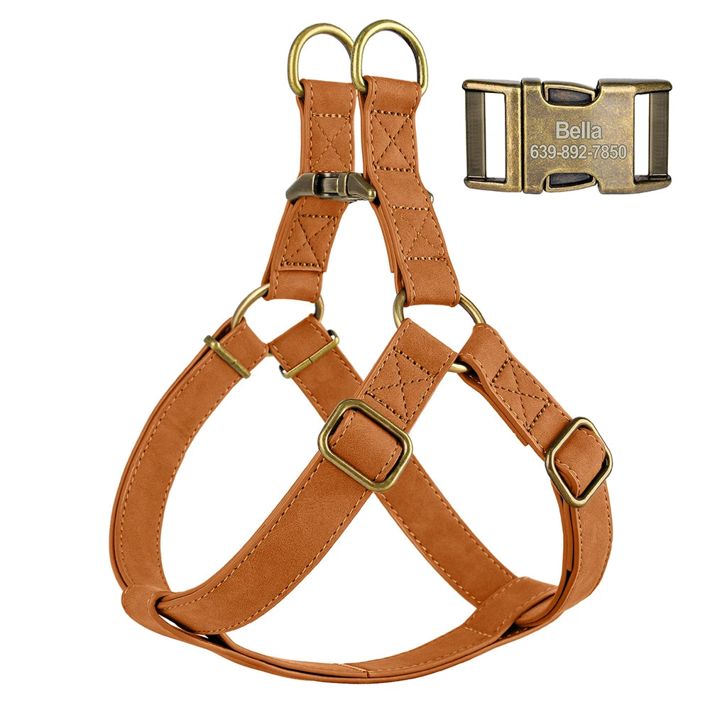 Custom PU Leather Dog Harness with Engraved ID Buckle & Matching Leash – Adjustable