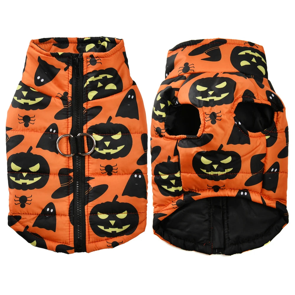 Warm padded dog jacket with spooky print
