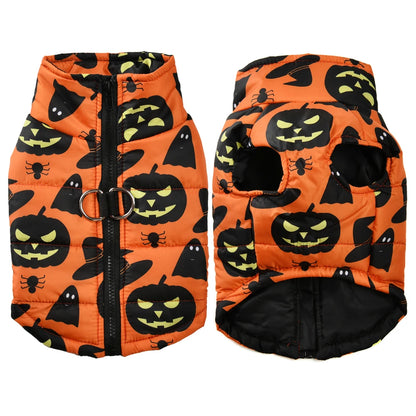 Warm padded dog jacket with spooky print
