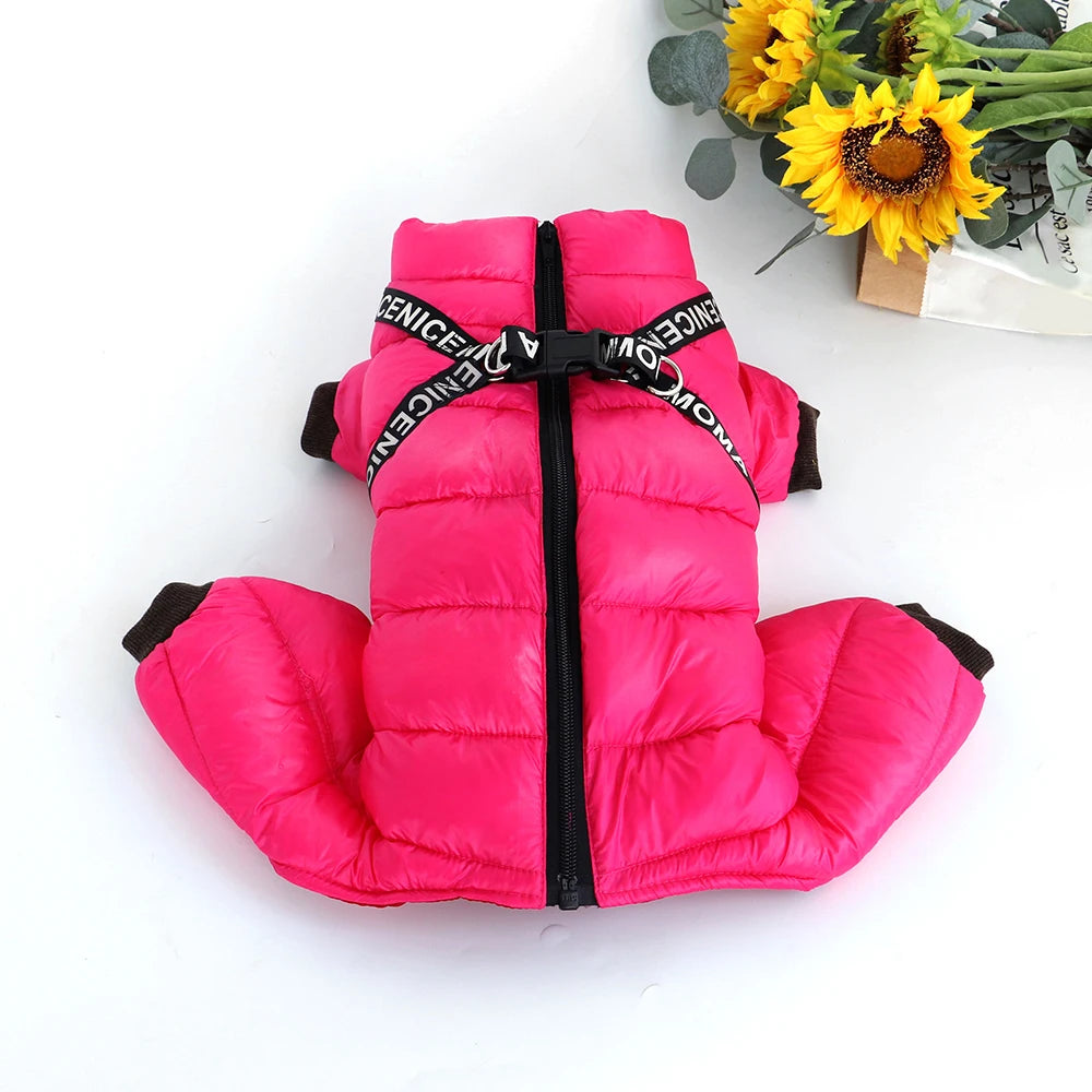 Rose pink waterproof winter dog coat with durable zipper and harness system