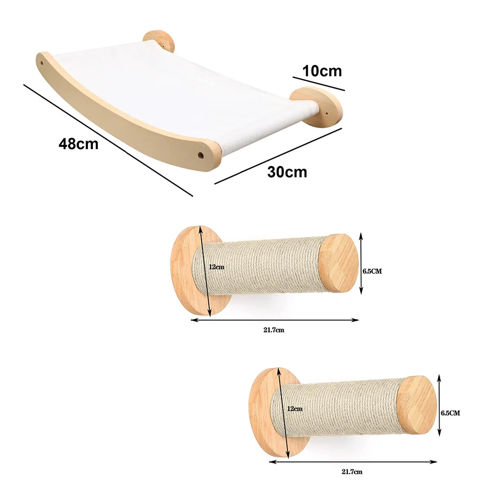 Wall-Mounted Cat Climbing Shelves – Wooden Cat Tree with Platforms, Ladders & Hammocks