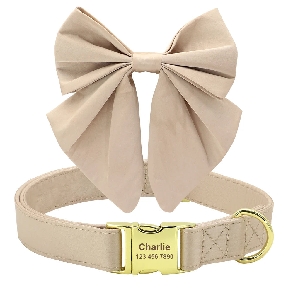 Personalized Dog Collar with Bowknot & Flower – Engraved Name Tag, Adjustable for Small, Medium & Large Dogs