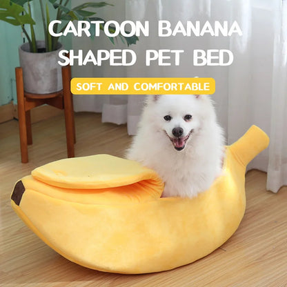 Pink plush banana cat bed with foldable peel cover