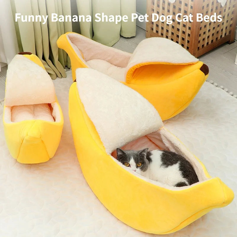 Cat resting inside yellow banana peel pet bed