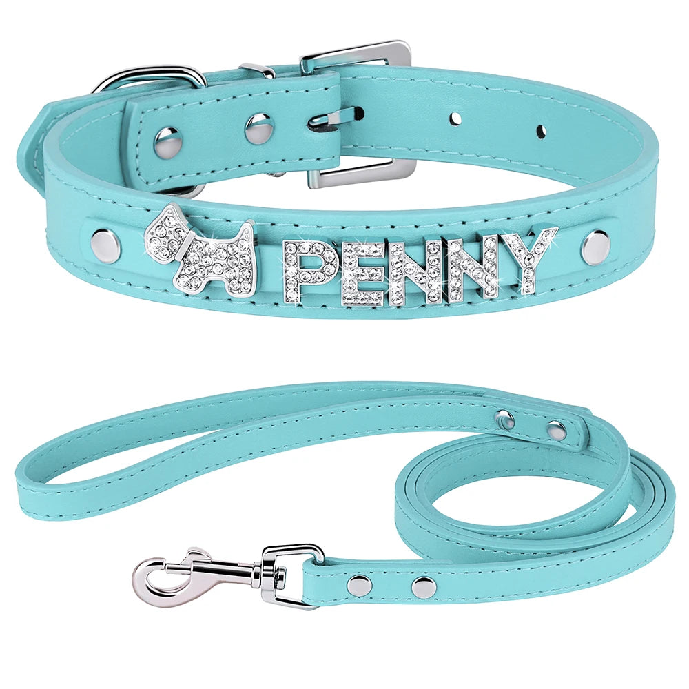 Personalized Dog Collar with Name & Leash – Custom Bling
