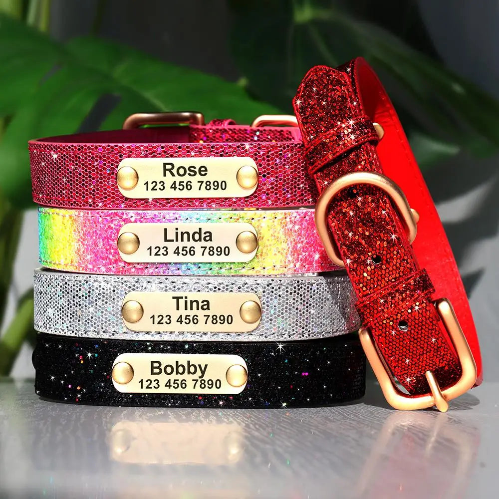 Red personalized dog collar with sparkling crystals and ID tag