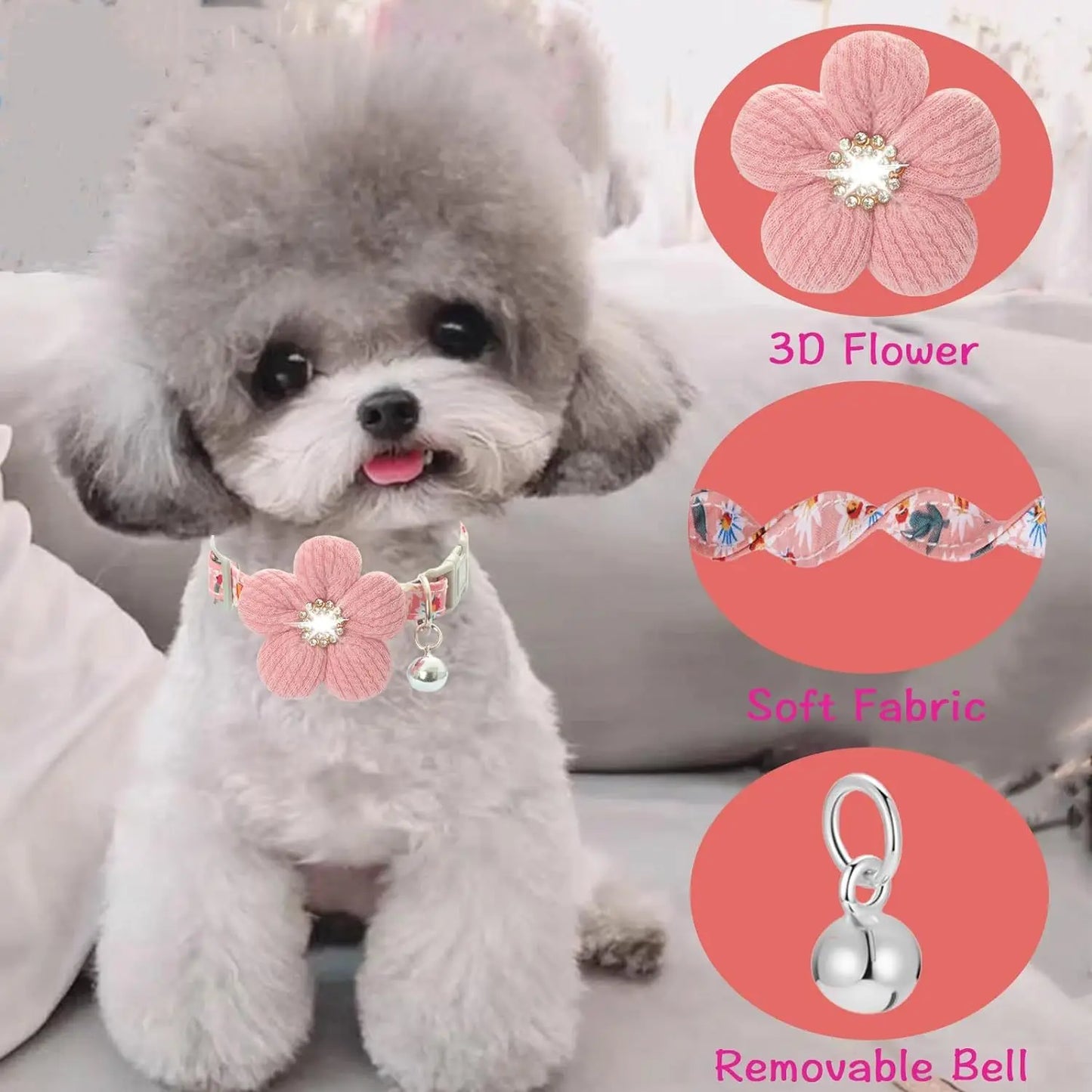 Pink flower puppy collar with bell
