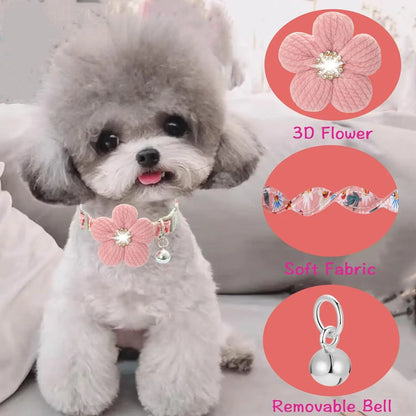Pink flower puppy collar with bell
