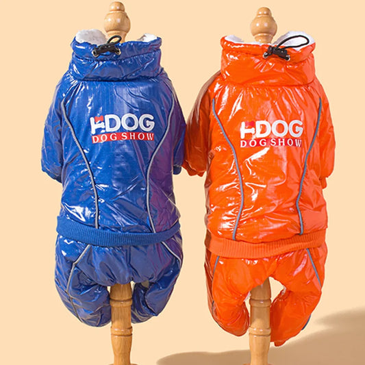 Blue winter cotton-padded dog coat with hood