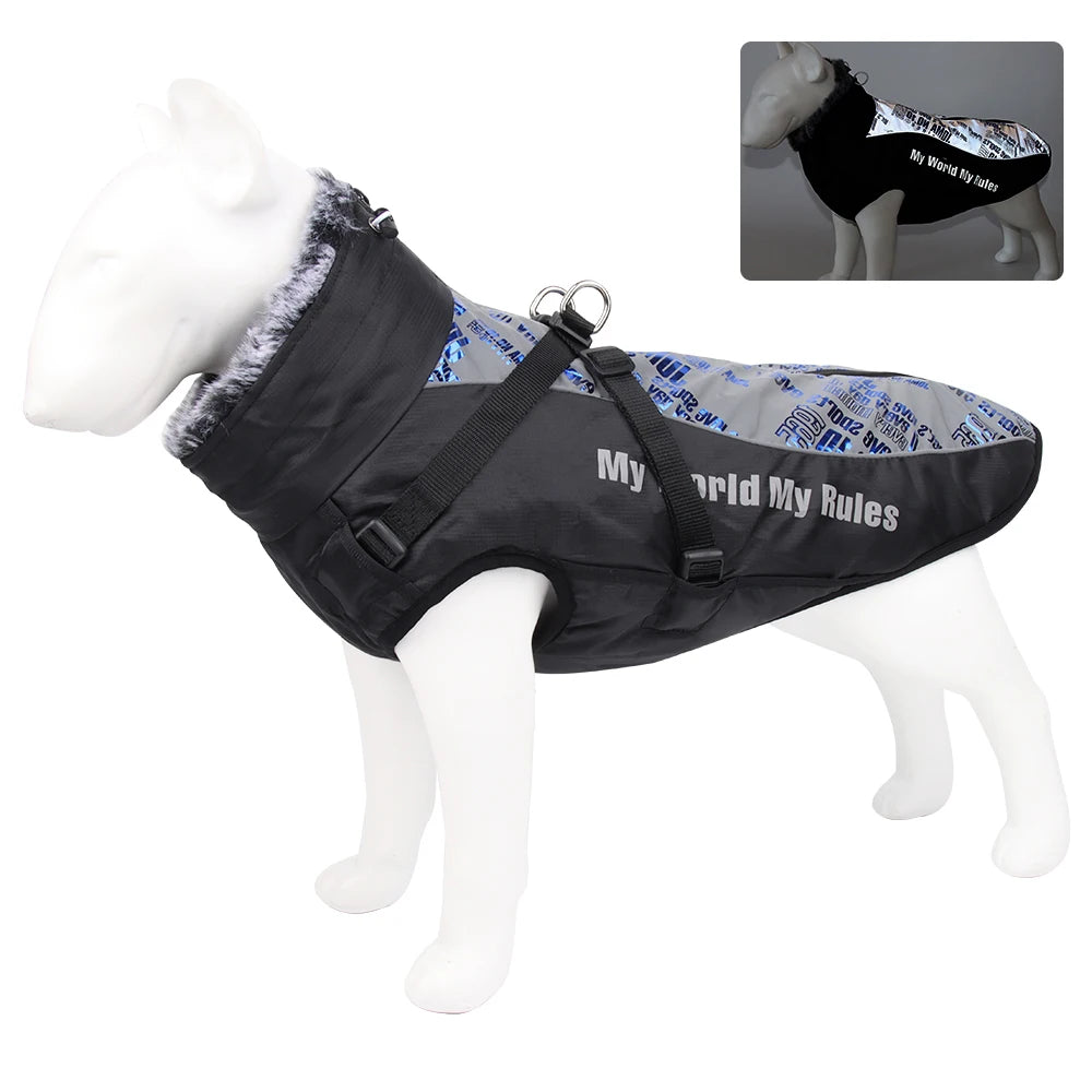 Close-up of furry collar waterproof dog coat