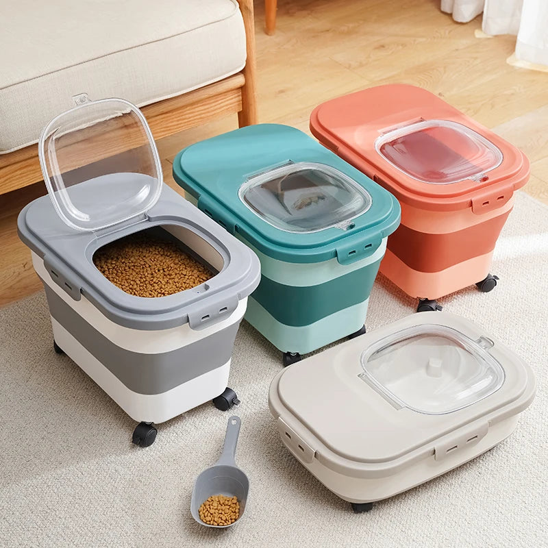 Collapsible pet food container with wheels and airtight lid
