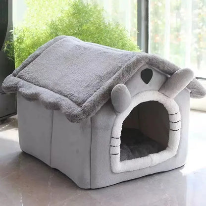 Foldable Dog & Cat House Bed – Warm Indoor Kennel with Cushion