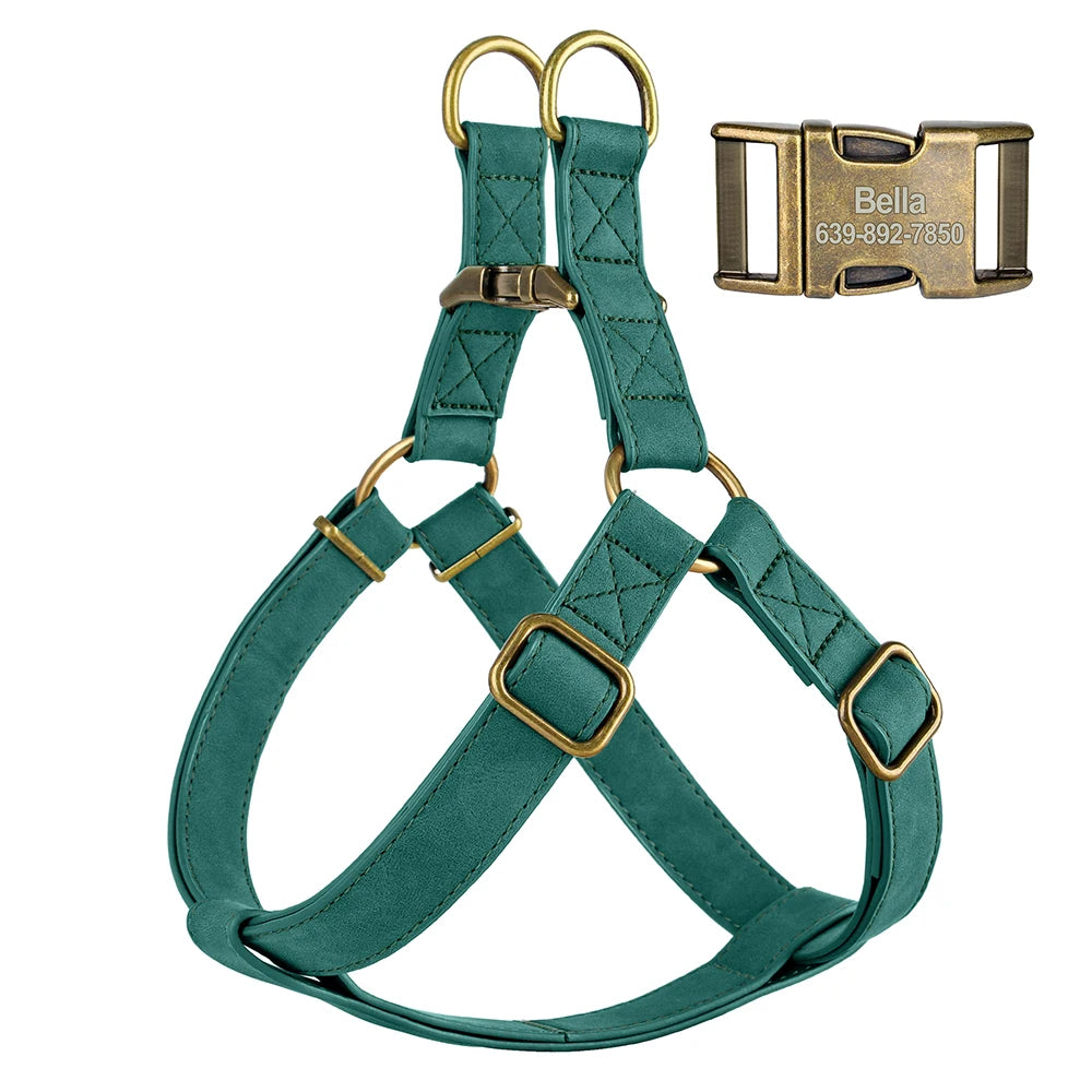Custom PU Leather Dog Harness with Engraved ID Buckle & Matching Leash – Adjustable