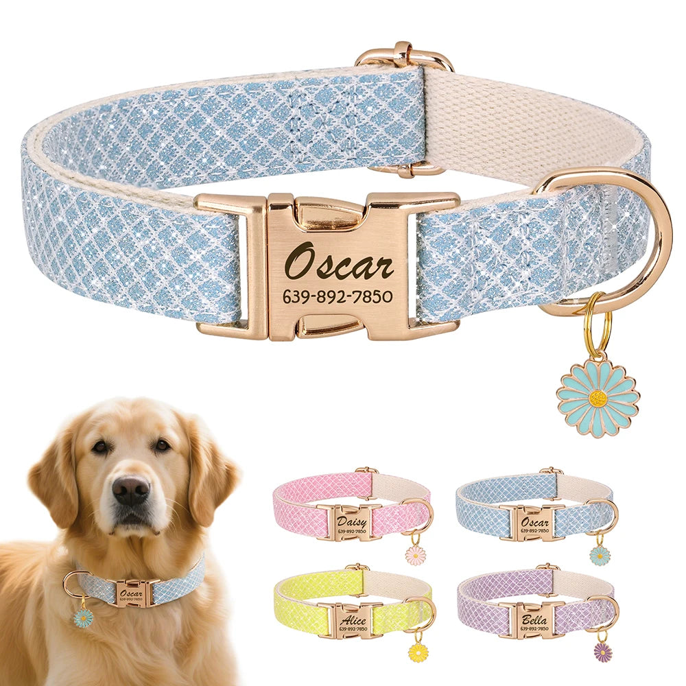 Pink custom nylon dog collar with engraved name tag “Daisy”